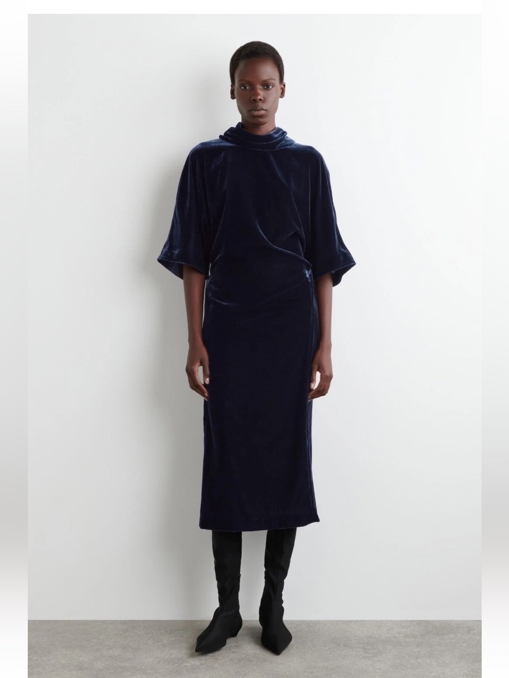 COS Velvet Midi Dress US 10 Navy Draped Neck Minimalist NWT
